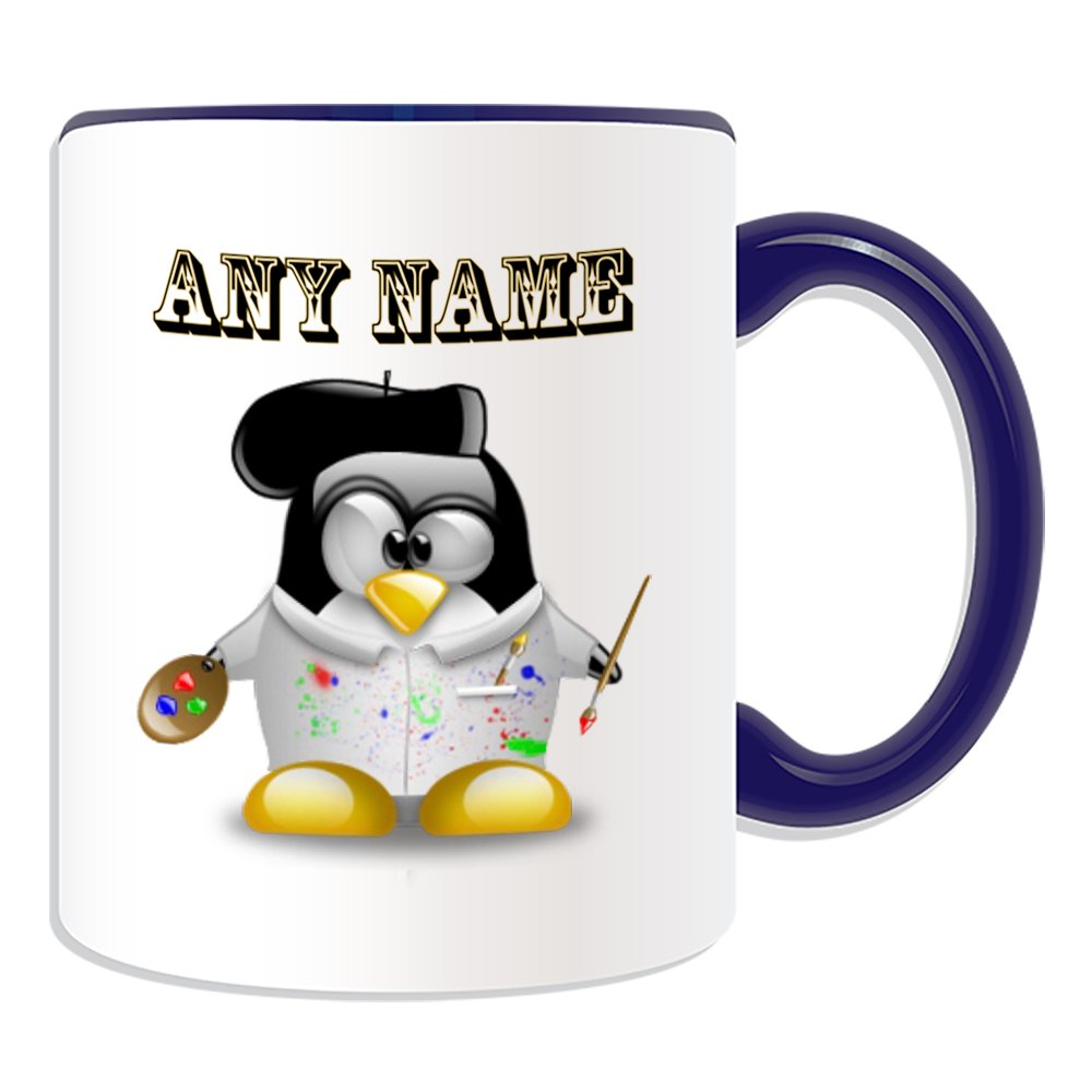 Personalised Gift - Artist with Hat Mug (Penguin in Costume Design Theme, Colour Options) - Any Name/Message on Your Unique - Painter
