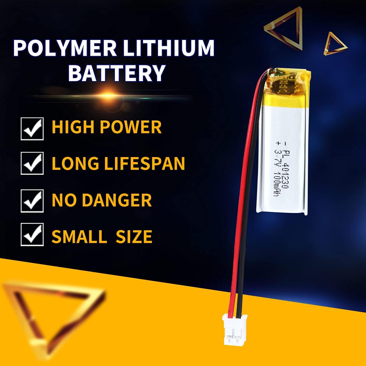 Diagram highlighting key advantages of Polymer Lithium Batteries: High Power, Long Lifespan, No Danger, Small Size