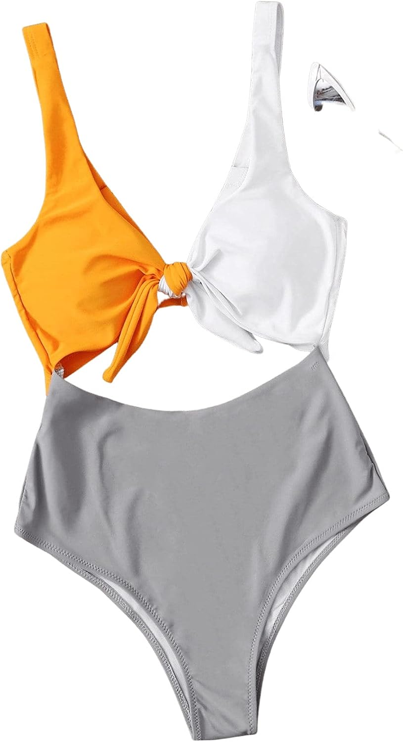 SweatyRocks Women's One Piece Swimsuit Solid Color Knot Front Cutout Monokini Bathing Suits