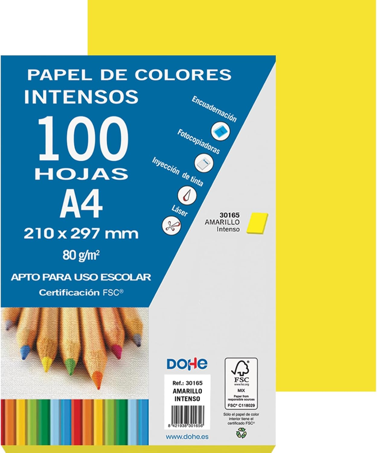 Dohe 30165 – Pack of 100 Paper Sheets 80 g A4, Intense Yellow