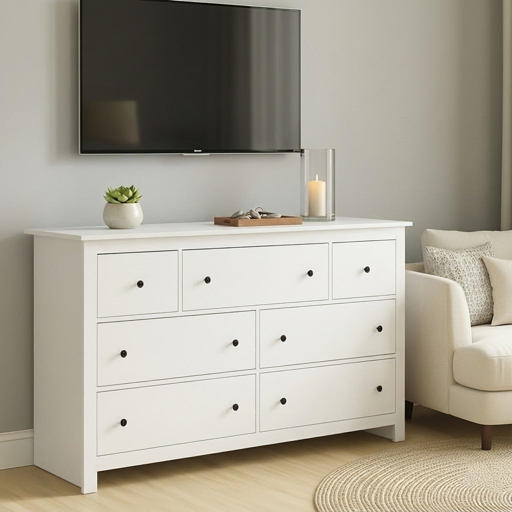 Comò bianco, 152x40x89 cm, credenza con 7 cassetti, armadio da cucina, credenza per buffet, armadio per la conservazione per soggiorno, camera da letto e ingresso (Bianco, A)