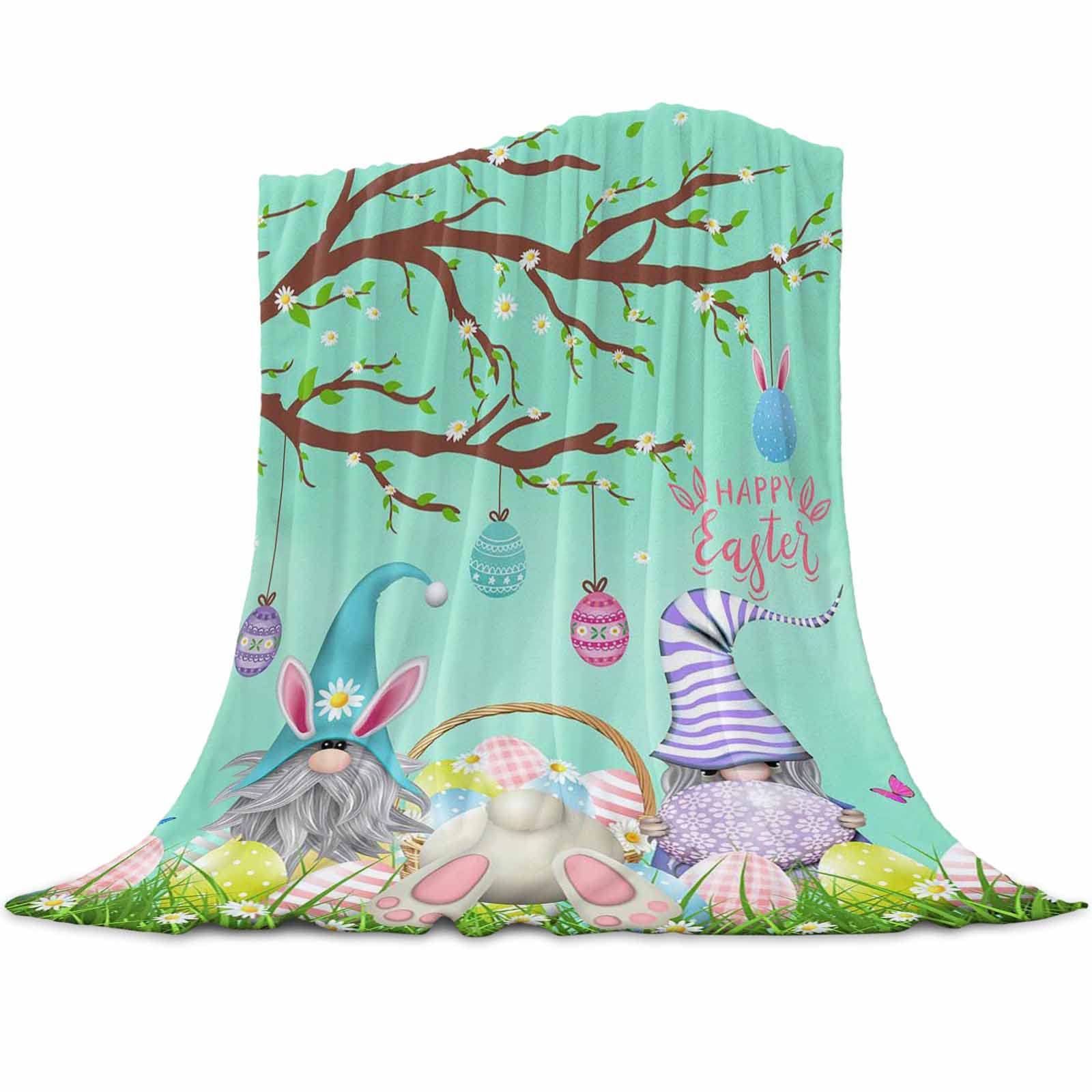 Fantasy Staring Easter Day Throw Blanket - Easter Eggs and Gnomes Flannel Blanket Microfiber Holiday Blanket Soft, Cozy, Comfy Throw for Sofa Couch Bed, 40 x 50 inch