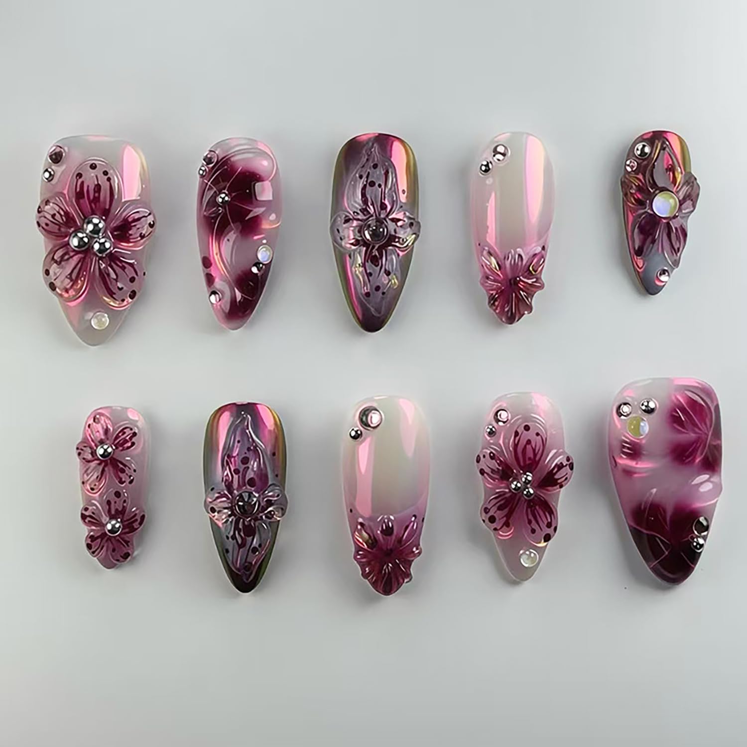 Photo 1 of 24Pcs Purple Press on Nails Medium Almond Fake Nails with Rhinestones Stick on Nails 3D Flower Acrylic Nail French Tip False Nail Full Cover Summer Floral Glue on Nails for Women Nail Art Designs