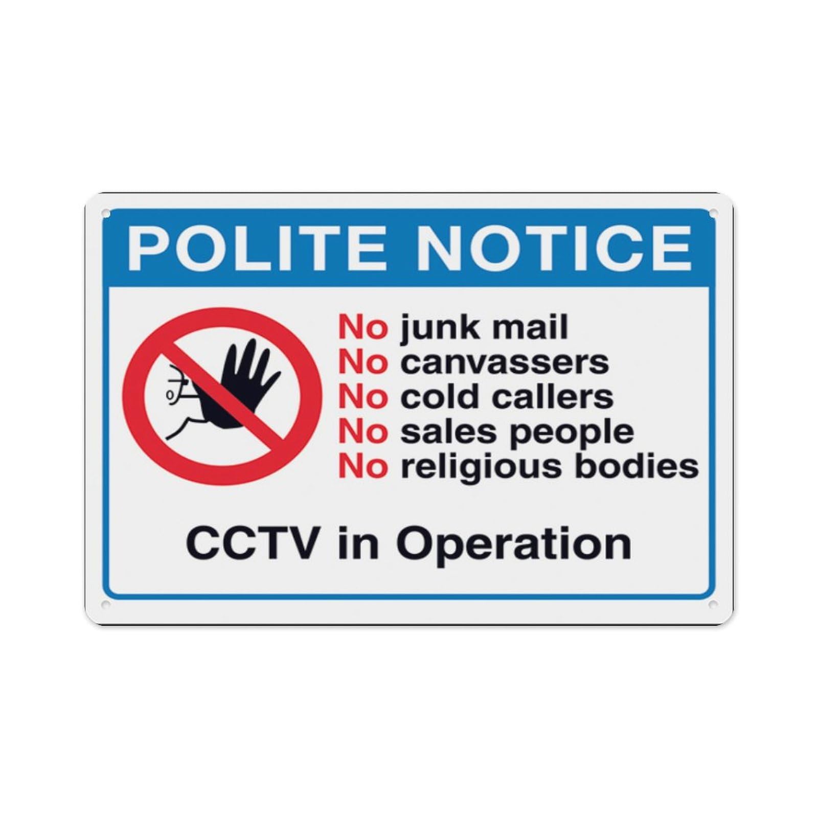 peiyeety Polite Notice, No Junk Mail, No Canvassers, No...Cctv In Operation Aluminum Tin Warning Signs For Home Outdoor Garden 8X12 Inches