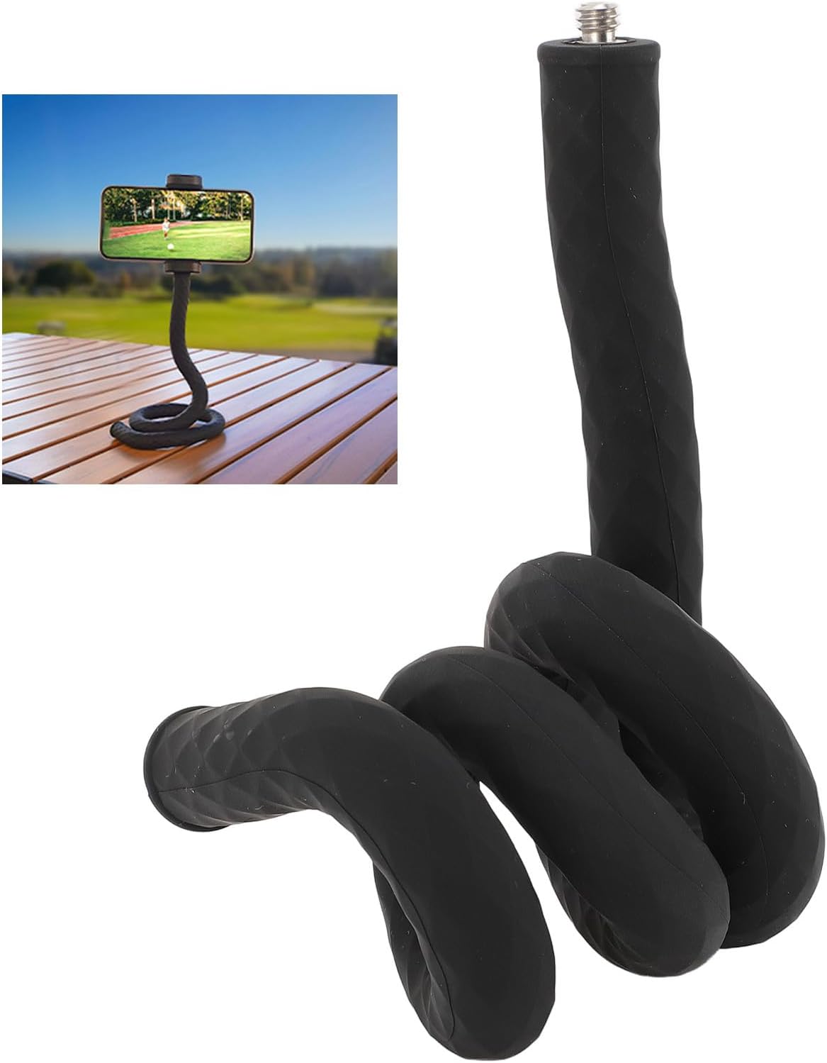 Gugxiom Gooseneck Camera Mount with a smartphone attached, used as a desktop stand.
