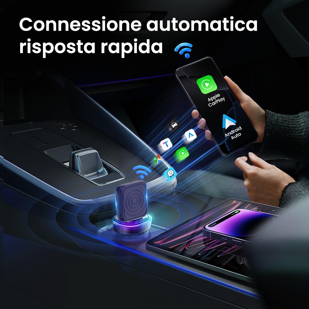 CarlinKit Adattatore auto wireless CarPlay e Android 2026, aggiorna la connessione cablata a wireless, Plug & Play con USB-A/Type-C, funziona con iPhone iOS 10+ e Android 11.0+