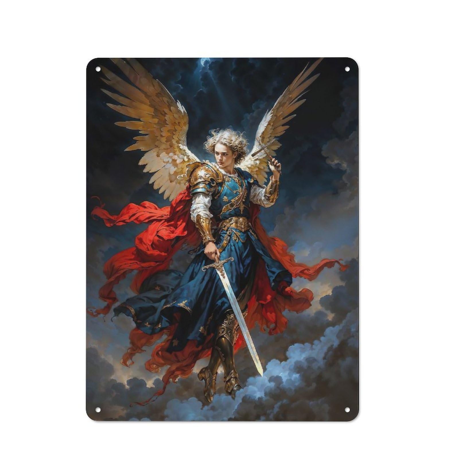 Classic Archangel Michaekl with Sword And Wings Metal Wall Plaque 40x30cm, Retro Room Decor for Bedroom, Office, Home Bar Or Dining Room