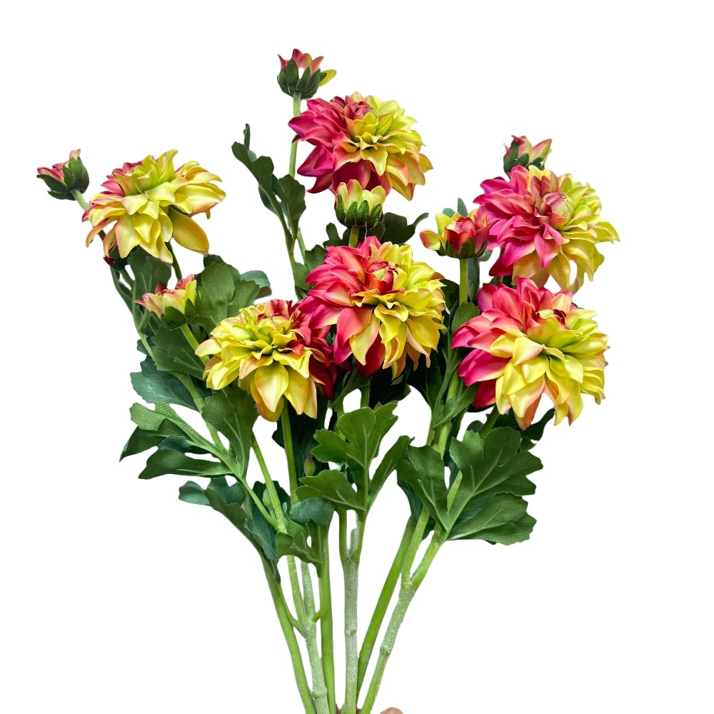 21" Artificial Dahlias,Silk Flowers with Stems,Winter Flowers Artificial for Decoration,Long Stem Artificial Flowers for Tall Vase,Wedding Party Decor Spring Decorations for Home (6, Pink Yellow)