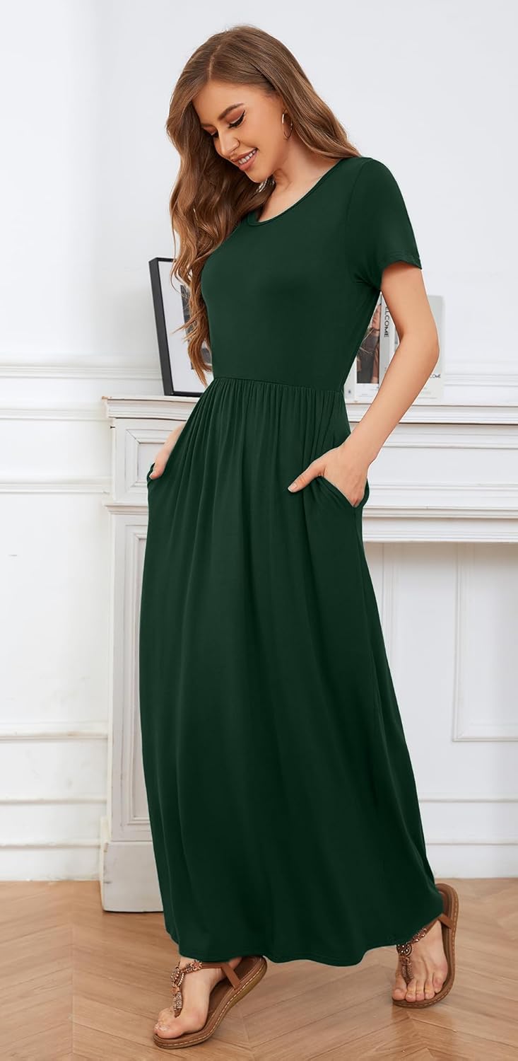 Women's 2026 Summer Short Sleeve Empire High Waist Long Maxi Dress with Pockets - Image 3