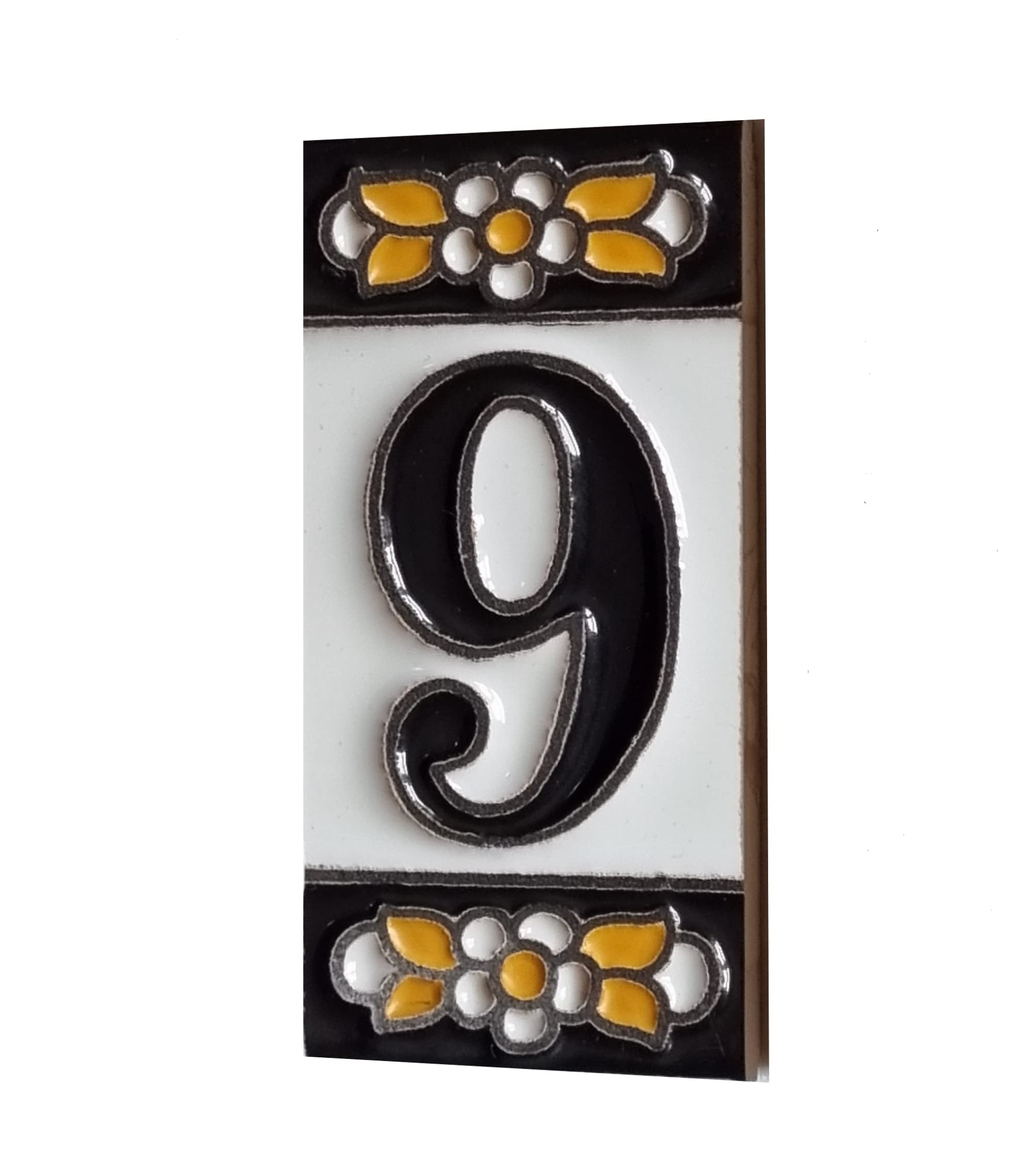 7.5cm x 3.5cm Spanish Orange & Black Floral Ceramic House Number Tiles Symbols & Metal Filigree Frames (Number 9)
