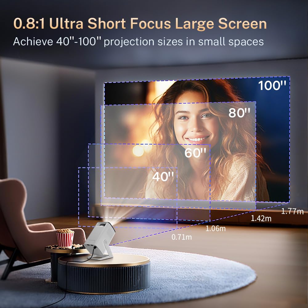 Mini Portable Vidéoprojecteur Compatible 4K, Video Projecteur Contrôle App | Android 14 Smart Rétroprojecteur, Auto Keystone Courte Focale Projecteur WiFi6&Bluetooth5.4 Compatibile avec HDMI/USB, Blanc