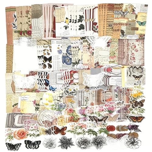 Esweny 260PCS Vintage Journaling Scrapbooking Supplies Scrapbook Sticker Paper Ephemera Pack for...