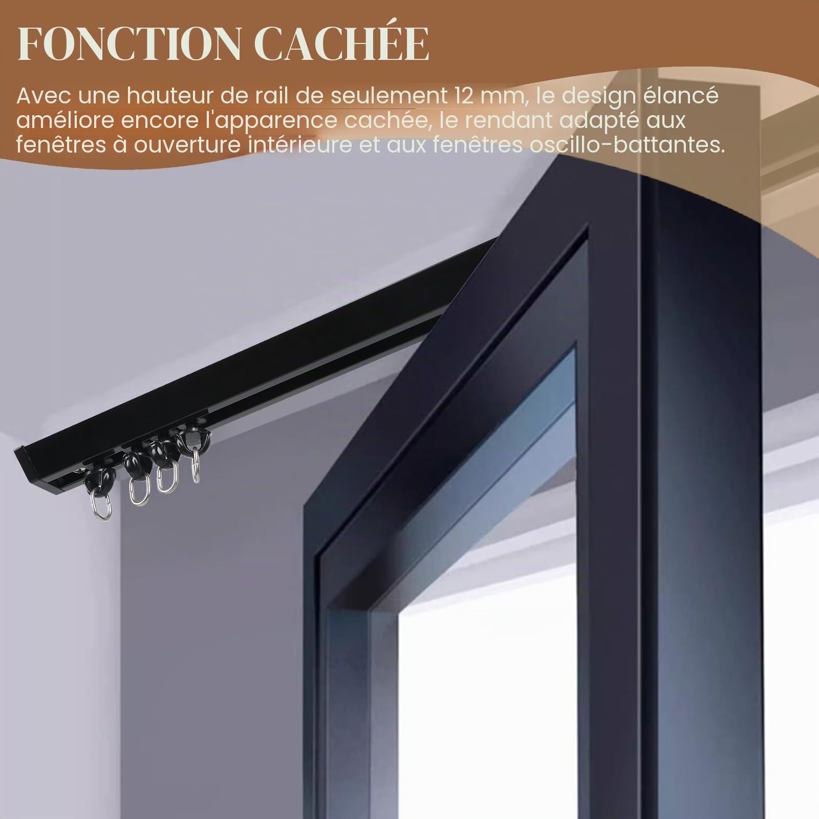 Rail de rideau en alliage d'aluminium - 3 m - Caché - Montage au plafond - Système de rails pour fenêtre, chambre à coucher - Noir