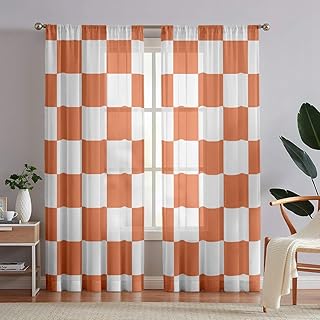 Semi Sheer Chessboard Grid Curtains Retro Orange and White Checkerboard Privacy Light Filtering Rod Pocket Curtains for Bedroom Living Room(52
