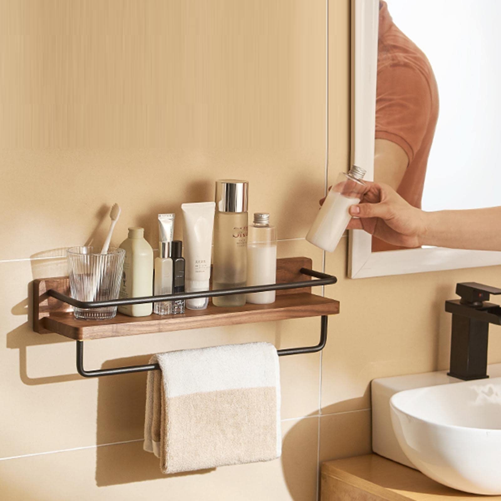 Ducha Caddy Estante De Ducha De Madera Estante De Ducha Adhesivo Montado En La Pared Sin Taladro Multifunción for Inodoro De Baño,A30cm (Size : B50cm)