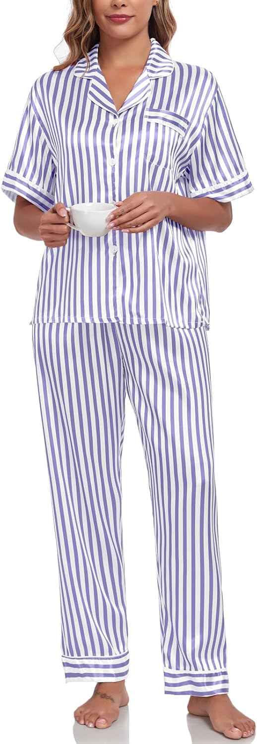 Silk Pajamas for Women Set Short Sleeve Sleepwear Button Down Shirt with Long Pants 2 Piece Striped Soft Pj Set - Image 5
