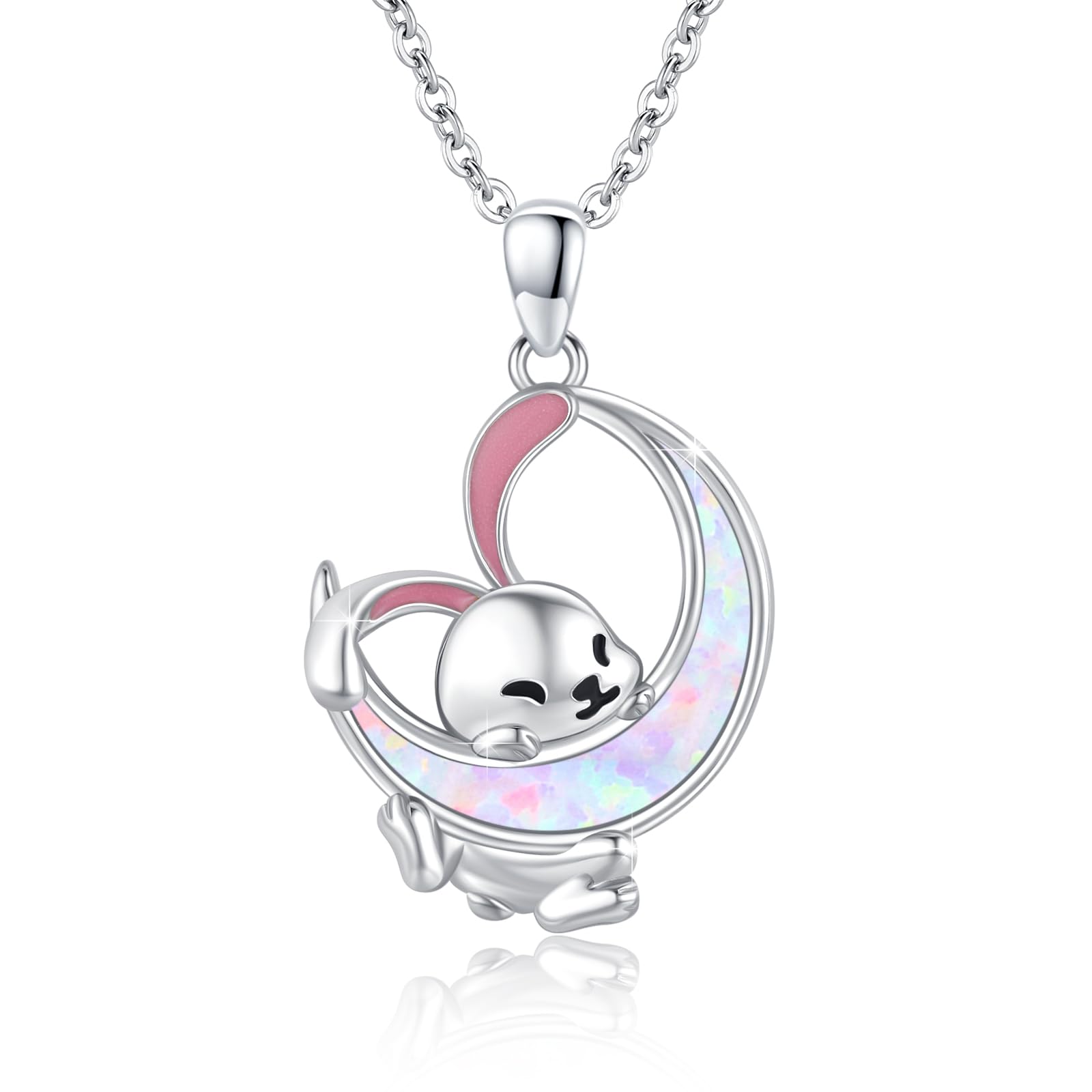 Hase Kette 925 Sterling Silber Opal Hase Tier Anhänger Kaninchen Halskette Opal Mond Kette Hasen Schmuck Ostergeschenk für Frauen Damen Kinder Mädchen
