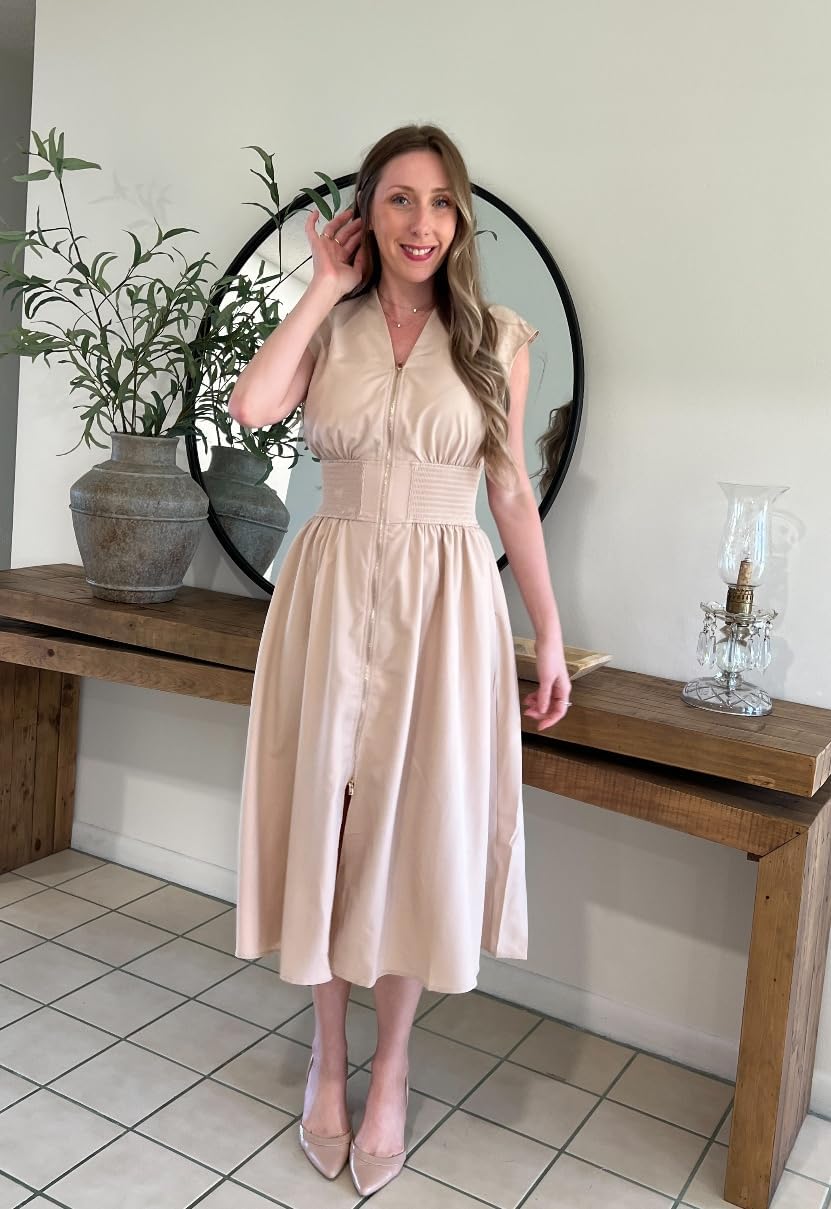 GRACE KARIN Womens Summer Casual Dress, Business Office Work Dresses, Cap Sleeve Zipper Front Flowy Midi Dress with Pockets - Image 4