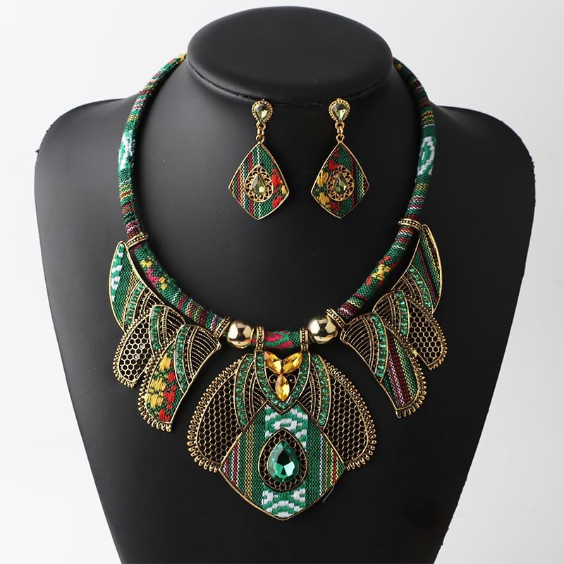 YAZILIND African Jewelry Sets for Women Boho Tribal Retro Statement Choker Necklace and Dainty Dangle Earring Set Multicolor Ethnic Style Chunky Bib Collar Costume Jewelry Accessories - Image 4