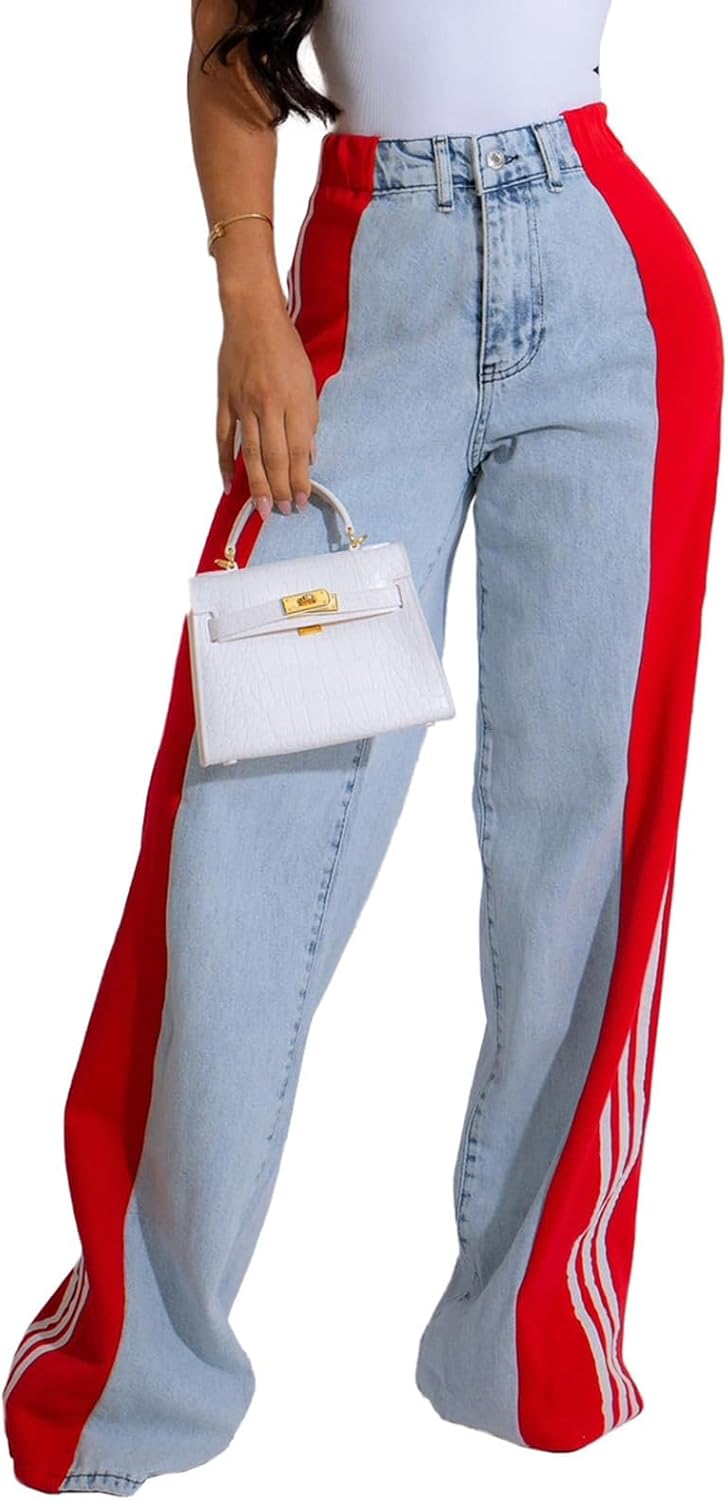 High Waisted Jeans for Women Wide Leg Denim Pants Fall Trendy Patchwork Striped Pants Baggy Two Tone Jeans