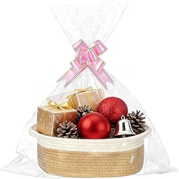 Empty Gift Basket Braided Basket for Gifts with Gift Bags and Ribbons Large Braided Basket for Gifts with Handle for Birthday Wedding Baby Shower Thanksgiving Christmas Khaki White