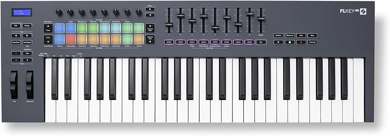 Teclado controlador MIDI USB Novation FLkey 49 | USB-C, 49 teclas semipesadas, 16 pads, atenuadores, 8 codificadores, ruedas Pitch/Mod, modo escala, salida MIDI de 5 pines, FL Studio