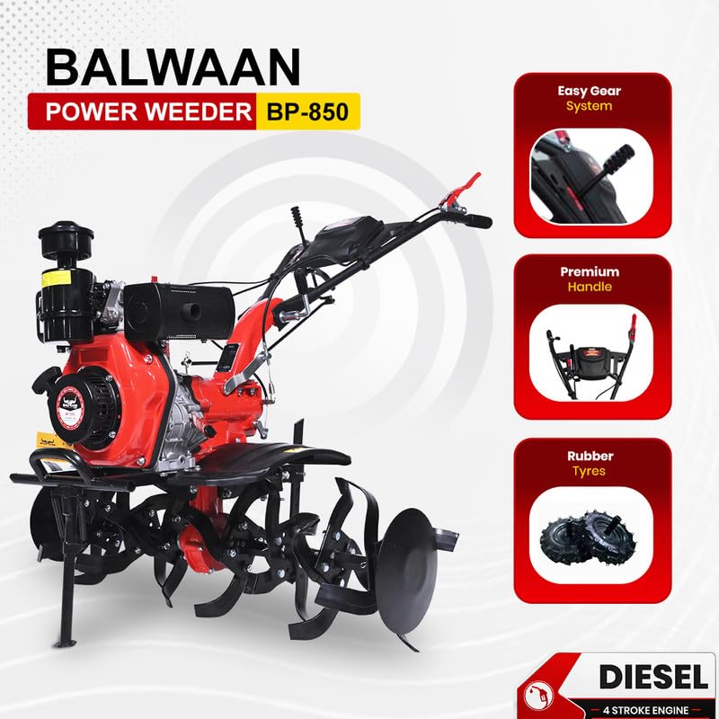 Image of Balwaan Krishi 247cc 4-Stroke Diesel Engine Power Weeder | High Power, Economical Fuel Consumption| Ideal for Weeding | 40 inch Working Width | Free Engine and Gear Oil Bottle | (Red & Black) BP-850