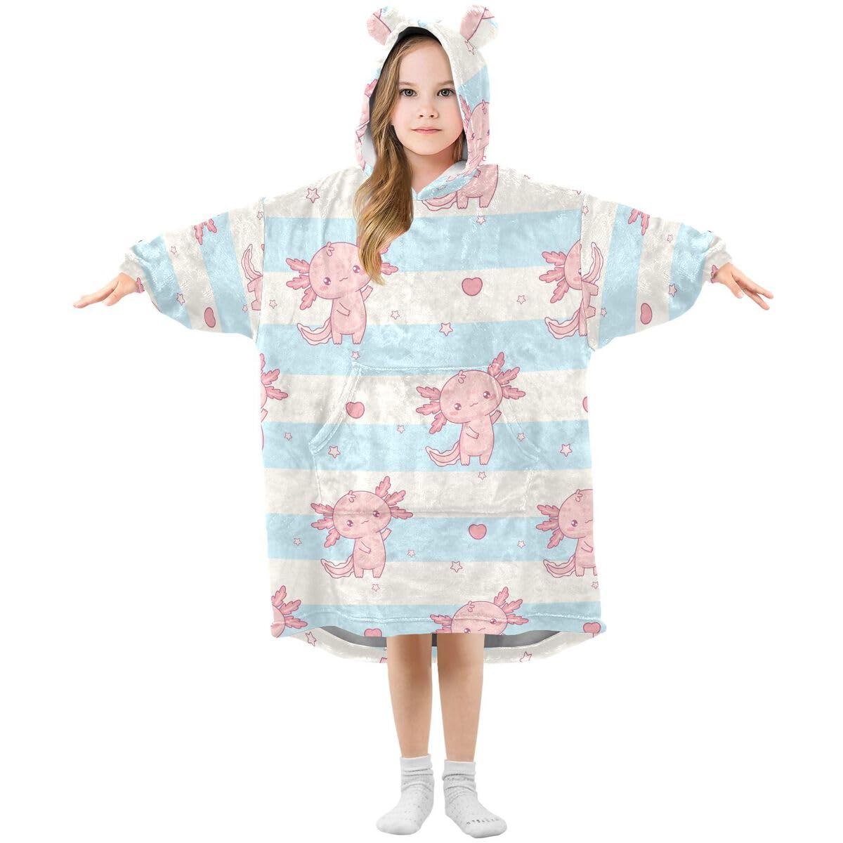 Uroczy różowy Axolotl dziecięcy koc do noszenia bluza z kapturem oversize bluza koc pulower biały niebieski w paski dla chłopców i dziewcząt w wieku 3-14 lat, multi, 150-170