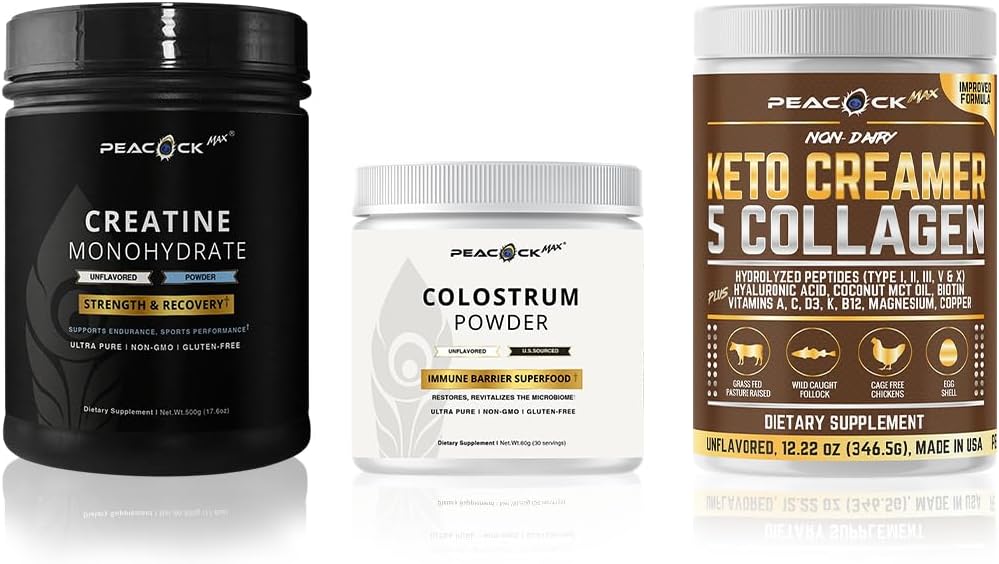 Keto Multi Collagen Peptides (16.2 oz) + Creatine Monohydrate Powder (500g) + Colostrum Powder (60g) Bundle – Unflavored, Gluten-Free, Non-GMO, Clean Ingredient Formula