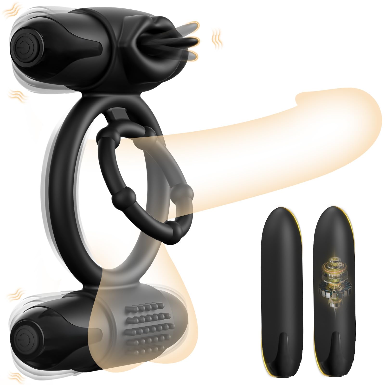 Vibrating Cock Ring with Dual Bullet Vibrators Couple Sex Toys for Clitoral G-Spot Stimulation 10 Vibration Modes Penis
