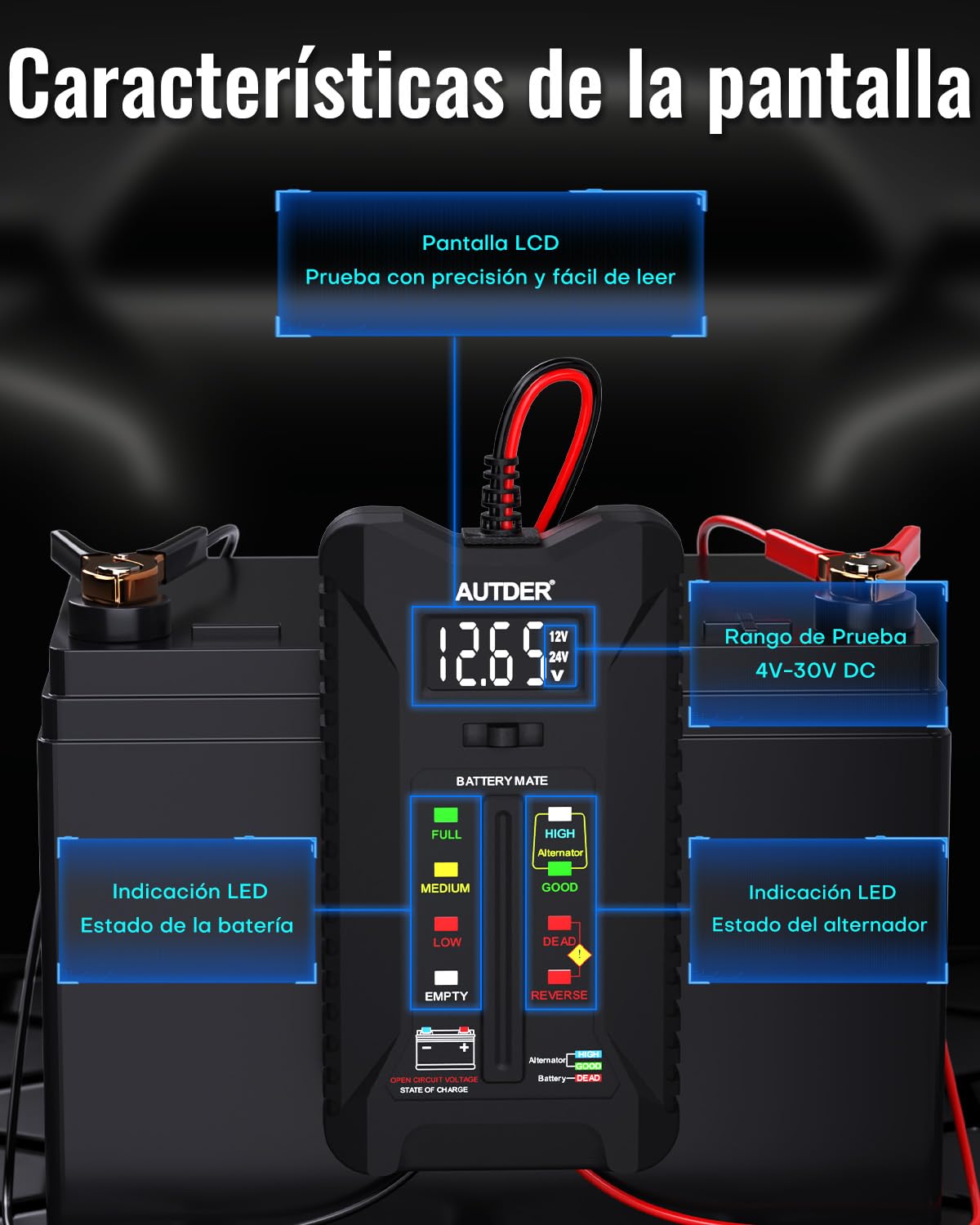 AUTDER Tester de Batería Digital, Volímetro 12V/24V para Baterías de Coche y Moto, Analizador del Sistema de Carga del Alternador con Pantalla LCD e Indicadores LED, Dos Modos de Prueba