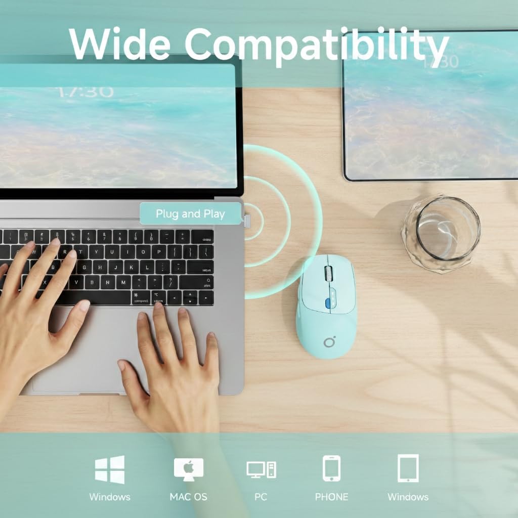 SEUNKWANG EWEADN Q5 Wireless Mouse, tooth & 2.4G Quiet Computer Mouses with Battery Level Display, 1600 DPI, Ergonomic Office Mouse, 6 Button Portable Cute Computer Mouse for Laptop/PC/Mac - Blue: Grey