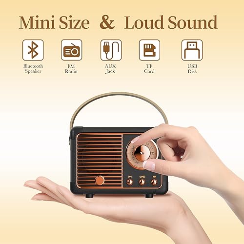 Miniatura 3 de Altavoz Bluetooth retro, mini altavoces portátiles inalámbricos compatibles con tarjeta USBTFAUX, altavoz Bluetooth de radio vintage para cocina,