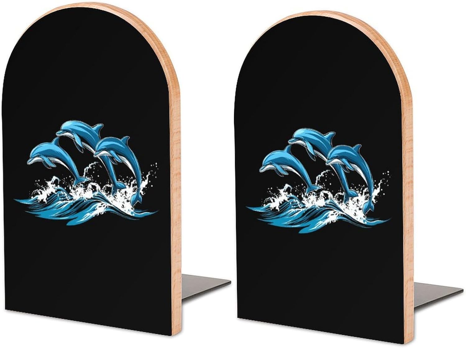 Dolphins Jumping Cute Wood Book Ends Decorative Bookends 1 Pair Non-Skid for Shelves Home Office 7 X 5 Inch