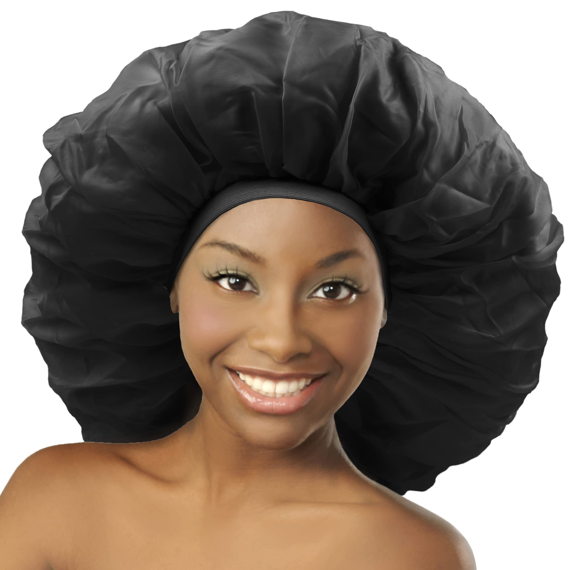 Donna Super Jumbo Day & Night Cap Silk Bonnet for Women, Satin Bonnet for Sleeping Hair Cap Shower Cap for Women Black