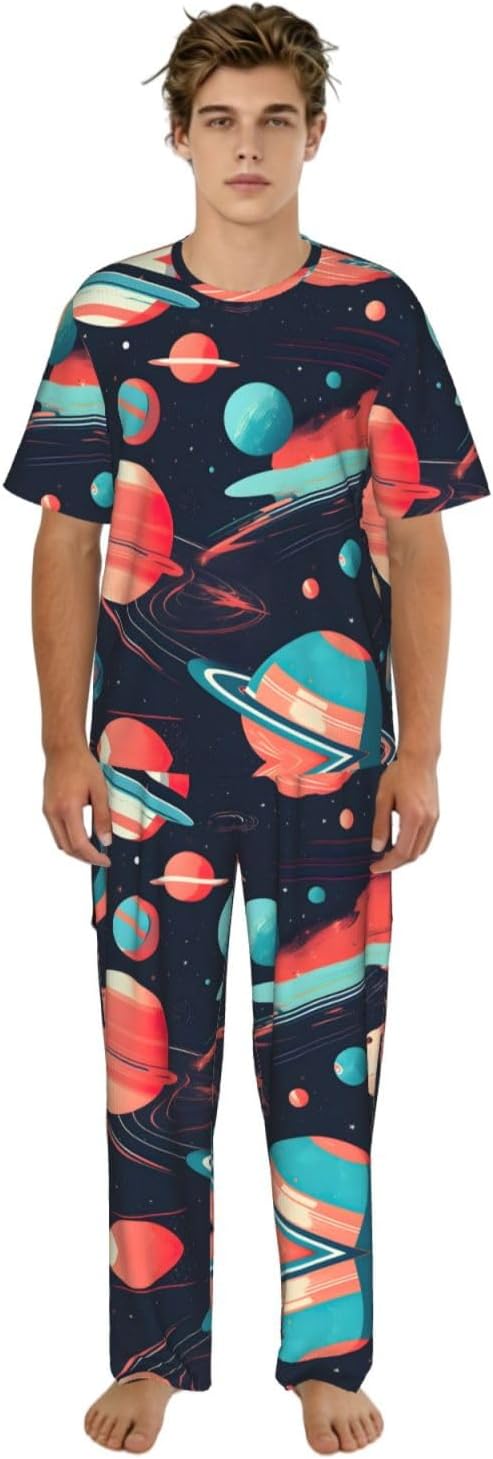 Men'S 2 Piece Loungewear Pajama Set Space Planets Print Short Sleeve Tee Top And Pants Set S-3xl