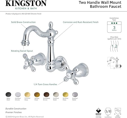 Miniatura 4 de Kingston Brass KS1221AX Heritage Grifo de baño, 4-34 pulgadas en alcance de boquilla, cromo pulido