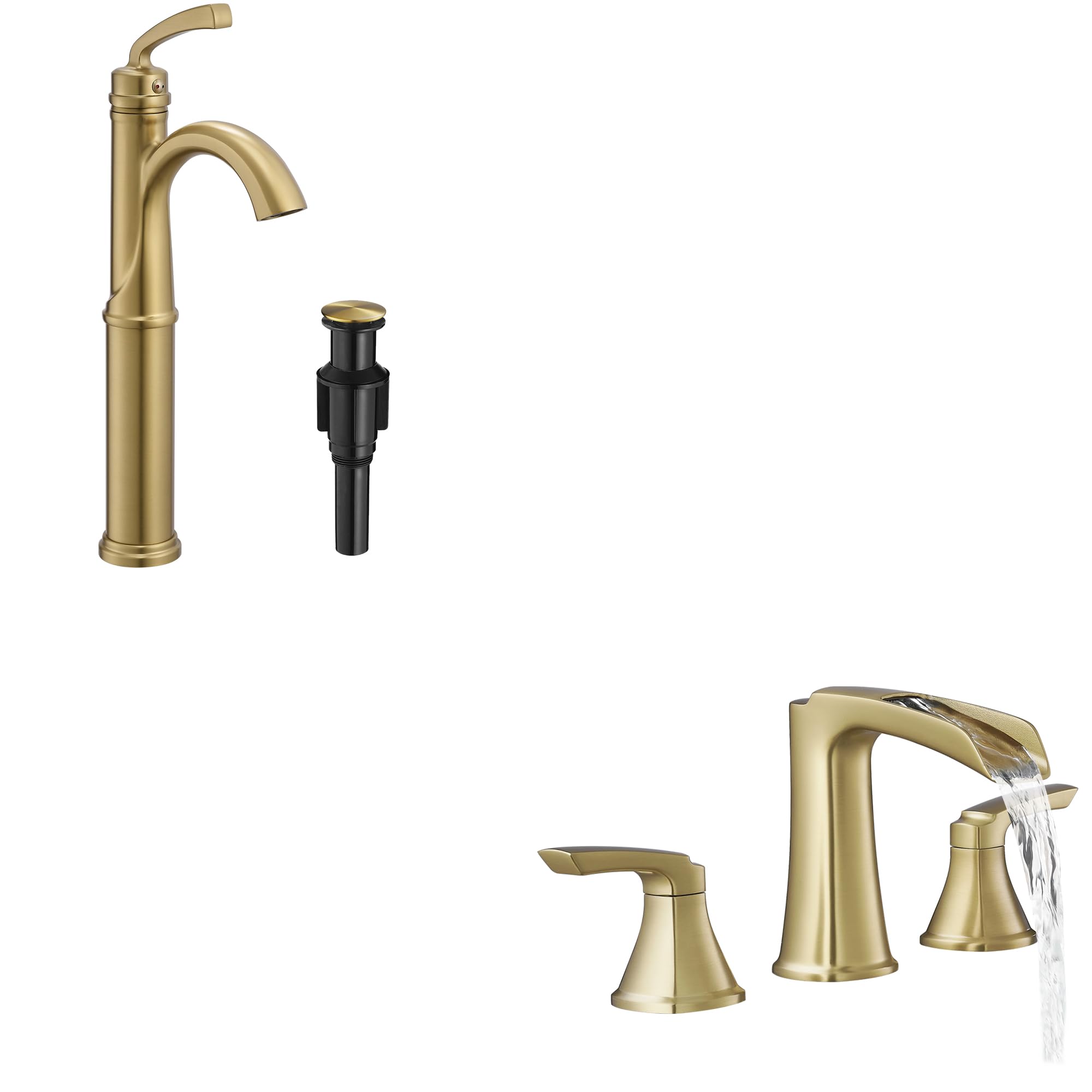 Hcfyauis Gold Brass One Hole Vessel Sink Faucet 1 Handle With Pop Up Drain, Waterfall Tub Faucet, 3 Hole Widespread Deck Mount Bathtub Faucet Set 6-16 Inch