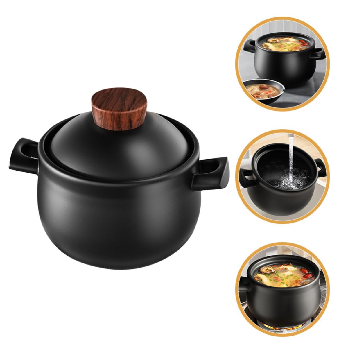 UKCOCO Großer Keramik Kochtopf 1,8l Schwarz mit Deckel Hitzebeständig und Leicht zu Reinigen für Gartenparty und Tägliches Kochen