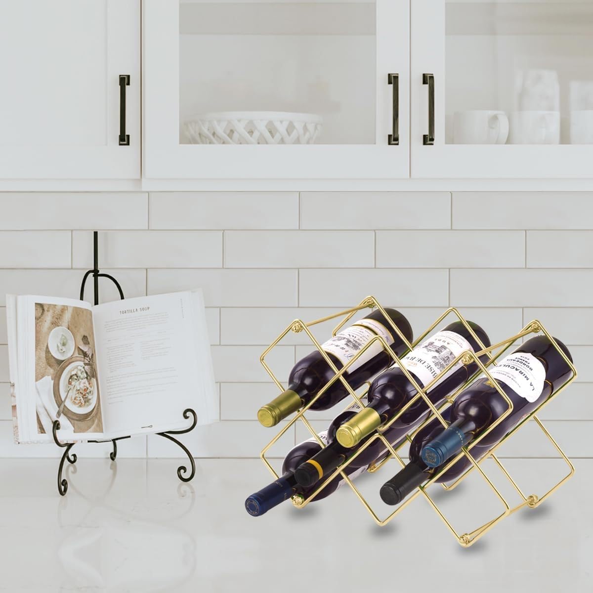 Generico Portabottiglie Vino in Metallo Oro, Cantinetta Design Moderno per 6-8 Bottiglie, Scaffale Salvaspazio per Cucina e Bancone, Struttura a Nido d'Ape, Facile da Montare - 38 x 25,5 cm