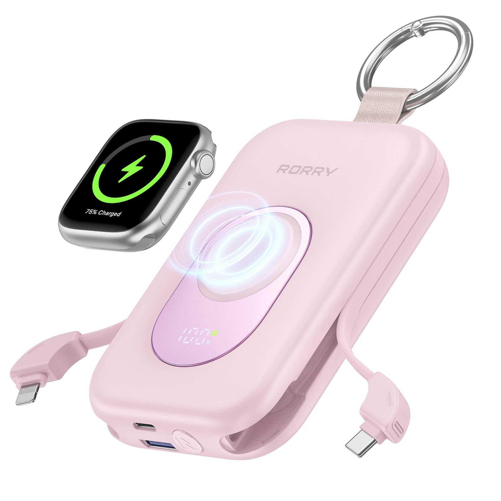 RORRY Portable Charger, 20000mAh PD 30W Portable Charger Power Bank with 2 Built-in Cables, Super Fast Charging Battery Pack with Keychain, Travel Essentials for iPhone, Apple Watch, iPad, Green — view 10
