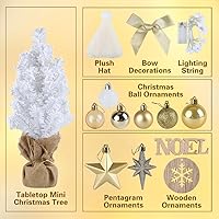 Vista 6 de Mini árbol de Navidad, pequeño árbol de Navidad blanco con luces y música preiluminado, árbol de Navidad artificial de mesa, decoración de Navidad