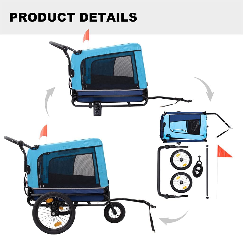 Dog Bike Trailer, 2 in 1 Pet Bicycle Trailer Outdoor Heavy Duty Foldable Utility Pet Stroller Dog Carriers Bicycle Trailer with Quick Release Wheels, for Small and Medium Dogs