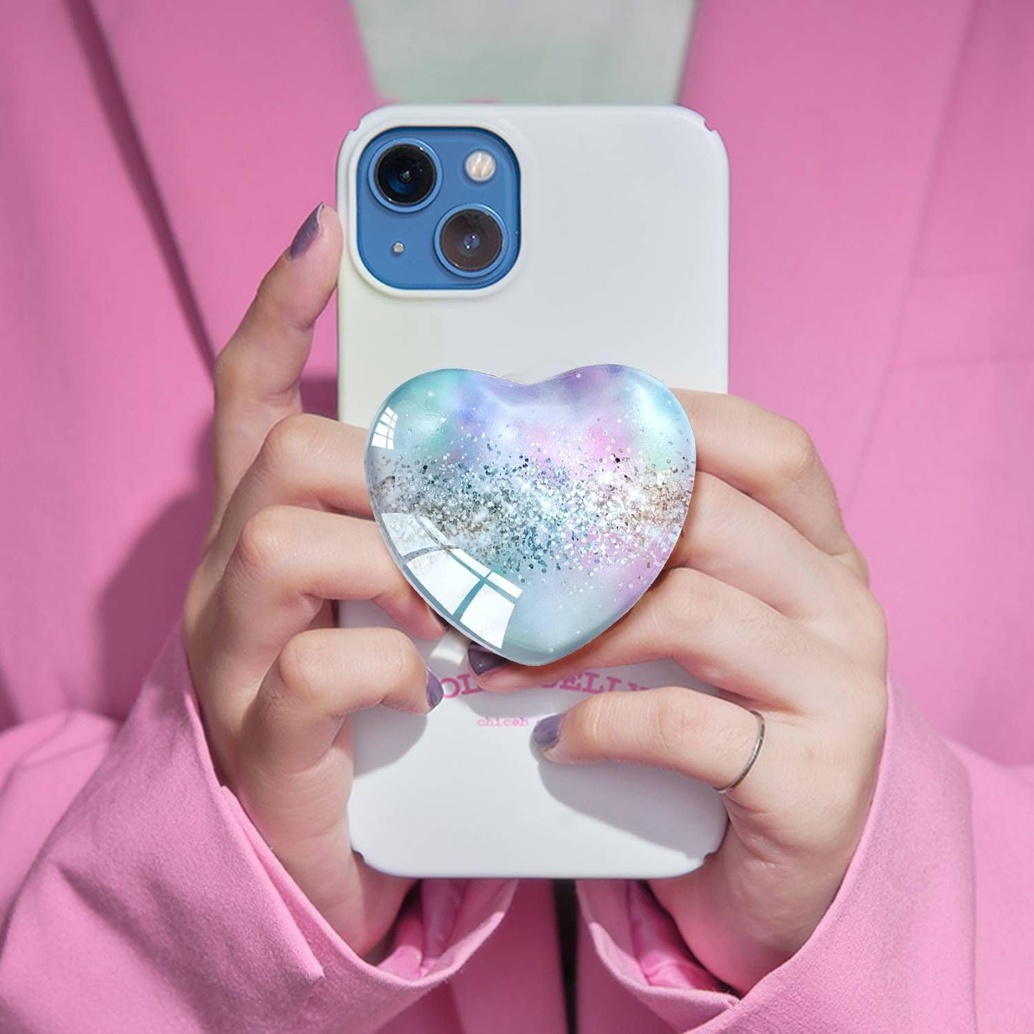 Expandiing Moblile Cell Phone Grip Heart Shape Glass Holder for Smartphones, Cellphone Collapsible Stand( Sliver Purple - Image 2