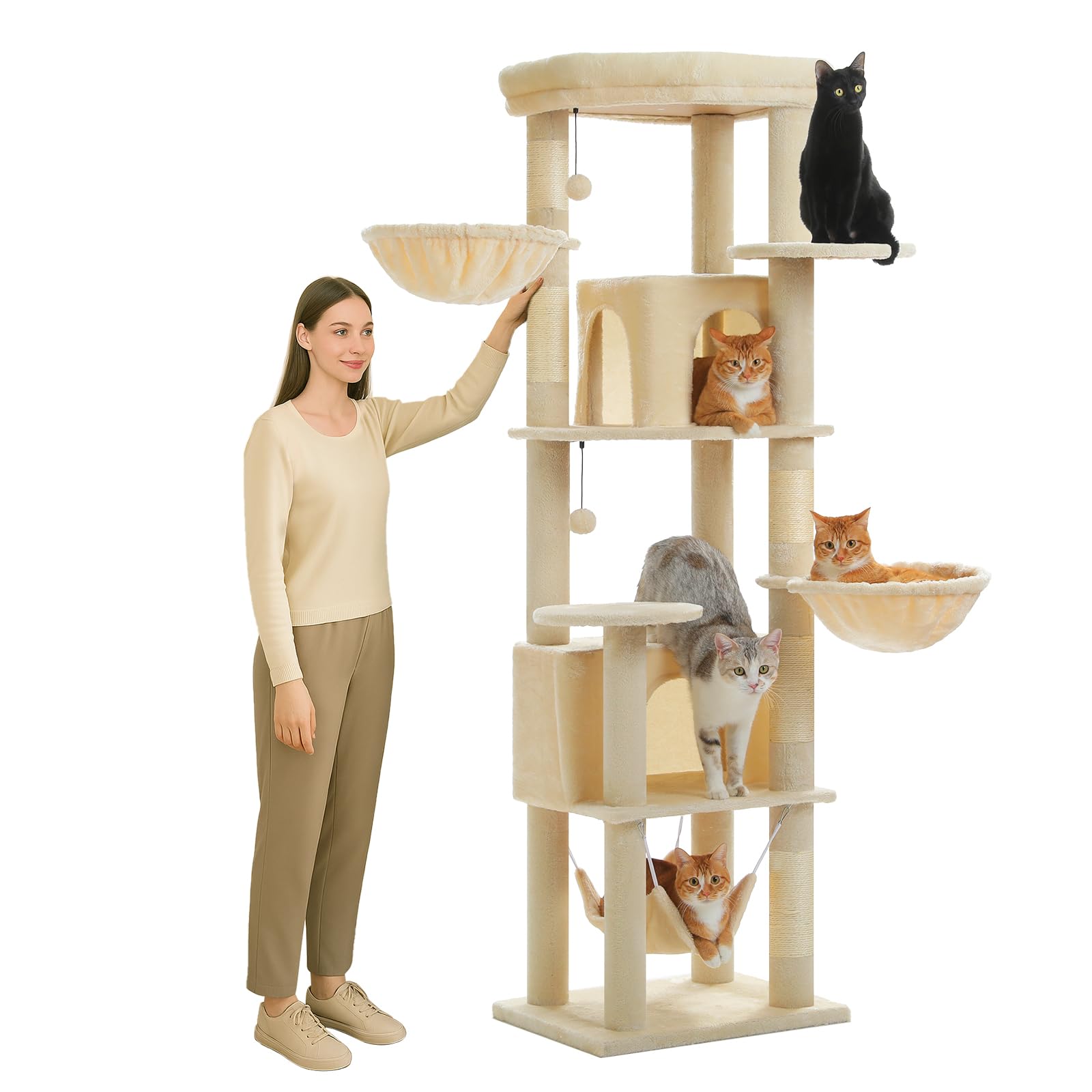 MUTTROS 71.2" Tall Cat Tree, Plush Multi-Level Cat Tower for Indoor Cats with 5 Scratching Posts, 3 Soft Hammocks, 2 Large Condos, Super Big Perch &