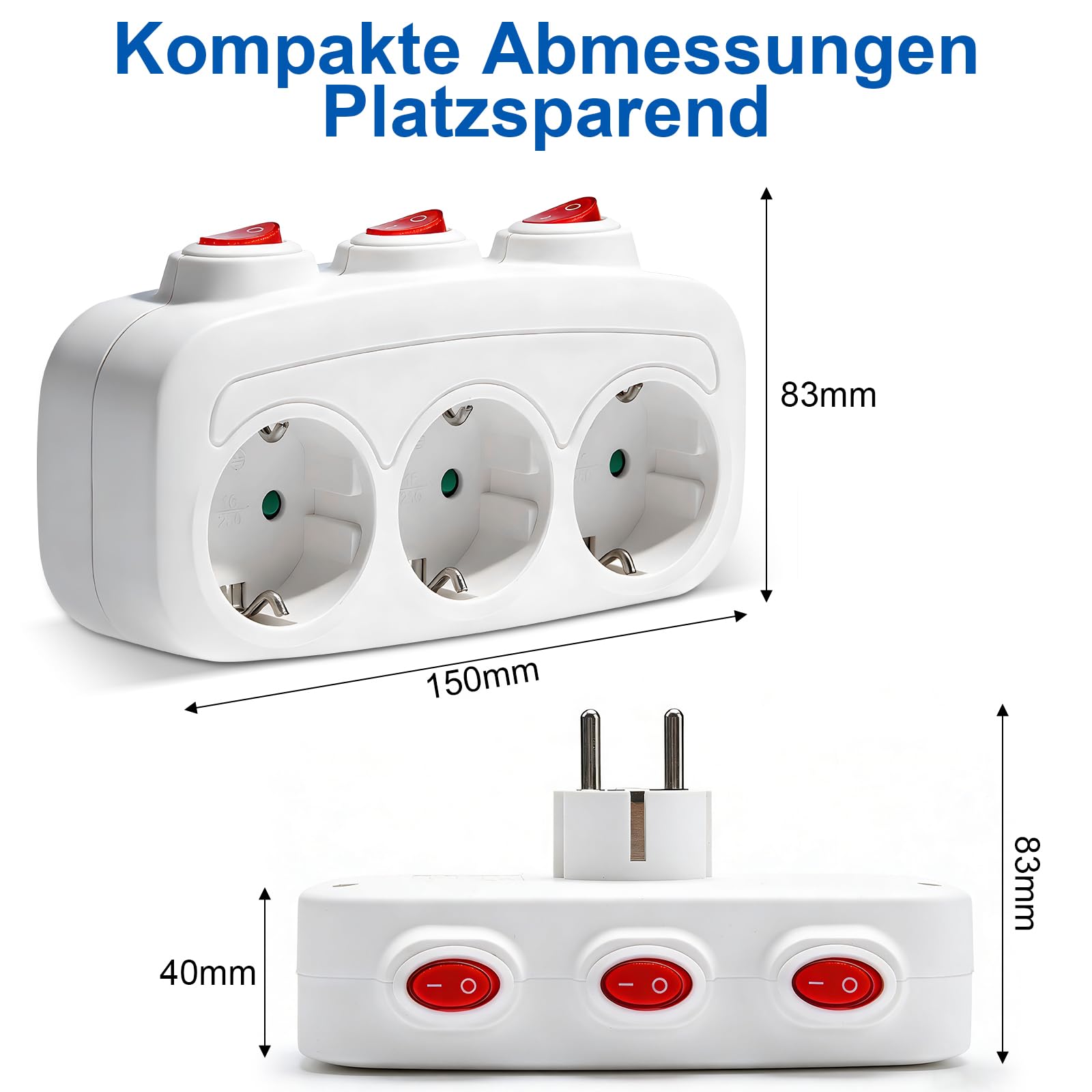 3-Fach Steckdosenleiste mit einzeln Schalter,16A/250V 3680W Steckdosenadapter mit Mehrfachstecker für Steckdosen - Mehrfachsteckdose mit Kindersicherung für Küche,Büro oder Heim,Weiß