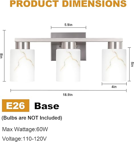 Miniatura 2 de Lámpara de baño de 3 luces, luces modernas de tocador, lámpara de pared de metal de níquel cepillado con vidrio de mármol blanco para baño, espejo,
