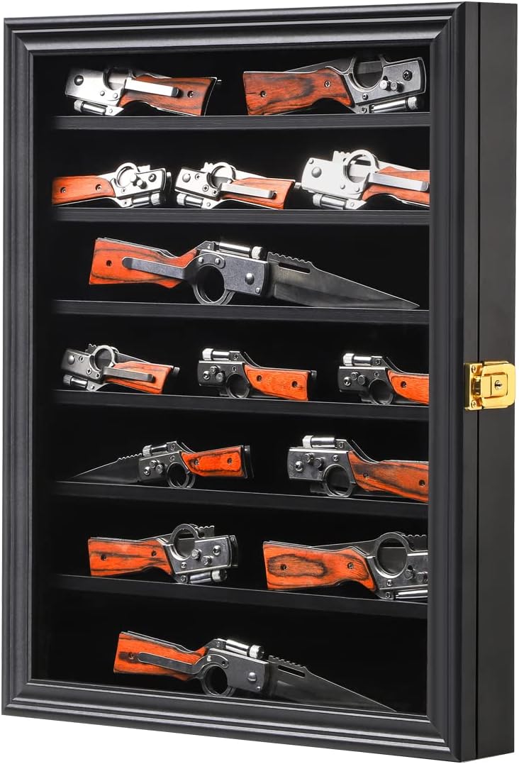 Jinchuan Knife Display Case Pocket Knife Display Stand Military Folding Knife Shadow Box Wall Cabinet with Uv Protection Acrylic Lockable, Black Large-Black