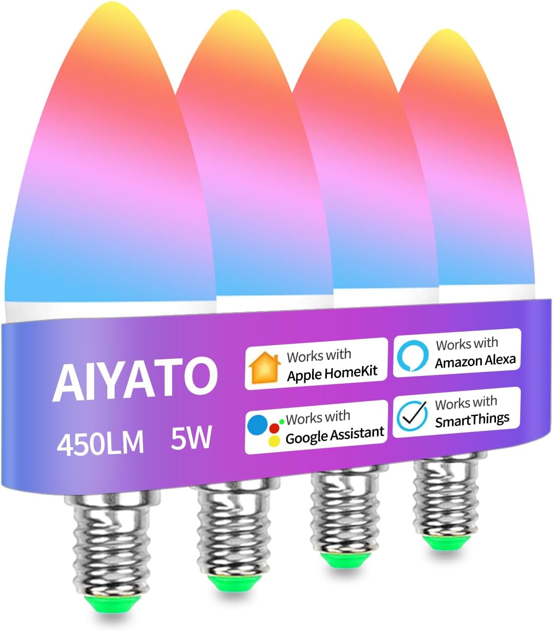E12 Smart LED Light Bulb, Dimmable Candelabra Light Work with HomeKit, Alexa, Google Home 6W (60W Equiv.) RGBCW 16 Million Color Changing Chandelier Candle Bulb 1 Pack