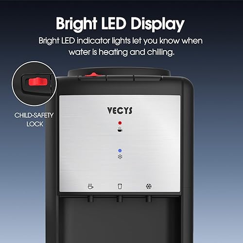 Miniatura 4 de VECYS Dispensador de enfriador de agua de carga superior caliente y fría, 3 o 5 galones con bloqueo de seguridad para niños, compresor de